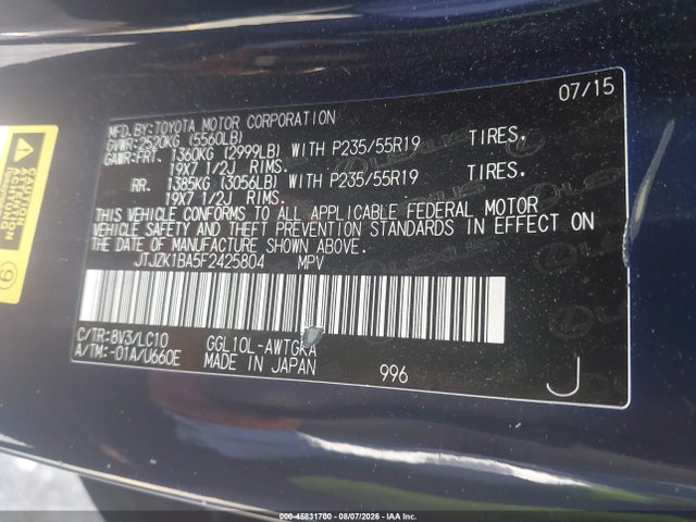 Aukcja sprzedaży 2015 Lexus Rx 350, vin: JTJZK1BA5F2425804, numer aukcji: 45831700
