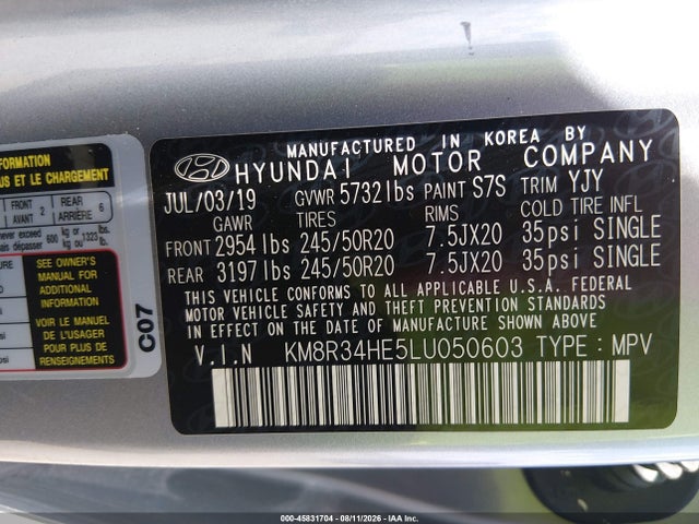 Продажа на аукционе авто 2020 Hyundai Palisade Sel, vin: KM8R34HE5LU050603, номер лота: 45831704