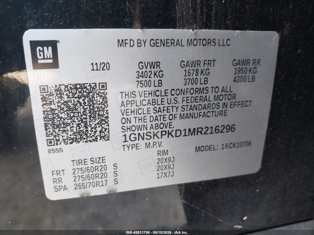 45831706 :رقم المزاد ، 1GNSKPKD1MR216296 vin ، 2021 Chevrolet Tahoe Z71 مزاد بيع