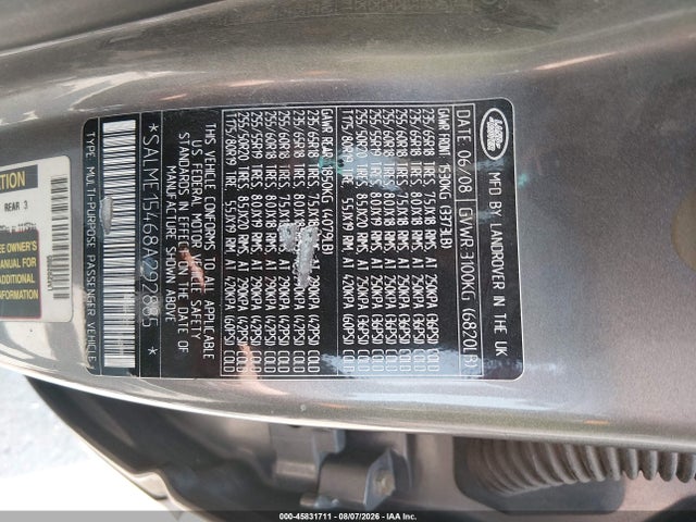 Aukcja sprzedaży 2008 Land Rover Range Rover Hse, vin: SALME15468A292885, numer aukcji: 45831711