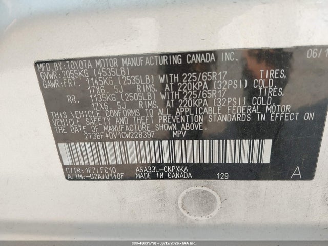 Продажа на аукционе авто 2012 Toyota Rav4, vin: 2T3BF4DV1CW228397, номер лота: 45831718