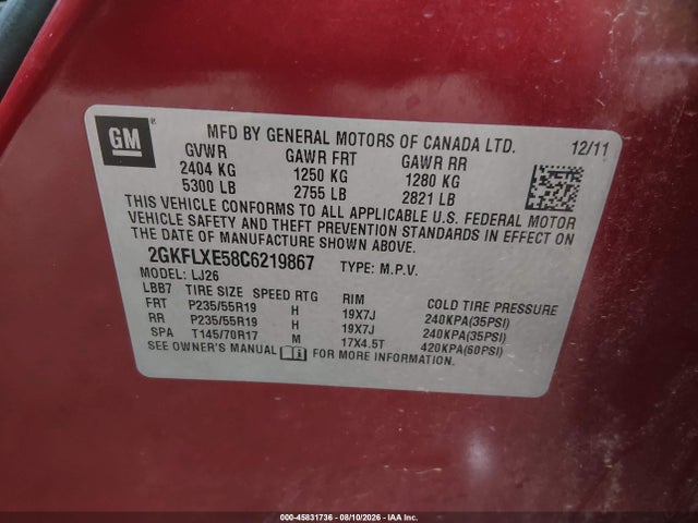 45831736 :رقم المزاد ، 2GKFLXE58C6219867 vin ، 2012 Gmc Terrain Slt-2 مزاد بيع
