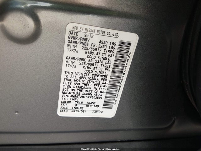 45831755 :رقم المزاد ، JN8AT2MT5KW502504 vin ، 2019 Nissan Rogue S مزاد بيع
