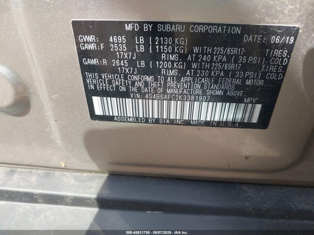 Aukcja sprzedaży 2019 Subaru Outback 2.5i Premium, vin: 4S4BSAFC2K3381907, numer aukcji: 45831758