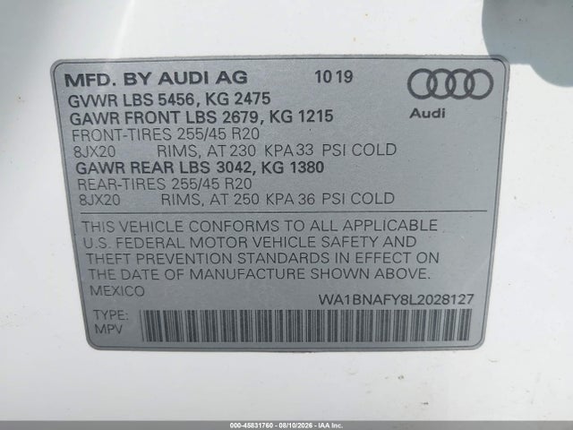 Продаж на аукціоні авто 2020 Audi Q5 Premium Plus 45 Tfsi Quattro S Tronic, vin: WA1BNAFY8L2028127, номер лоту: 45831760
