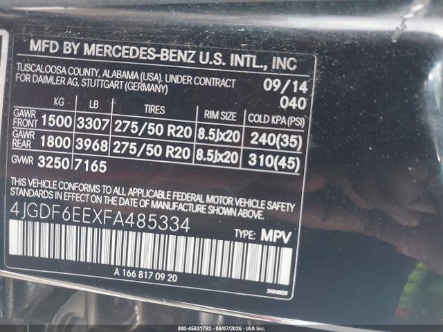 45831793 :رقم المزاد ، 4JGDF6EEXFA485334 vin ، 2015 Mercedes-benz Gl 450 4matic مزاد بيع