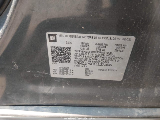 Aukcja sprzedaży 2020 Chevrolet Trax Awd Lt, vin: 3GNCJPSB1LL271035, numer aukcji: 45831802