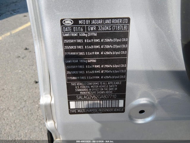 45831825 :رقم المزاد ، SALAG2V62GA807710 vin ، 2016 Land Rover Lr4 مزاد بيع