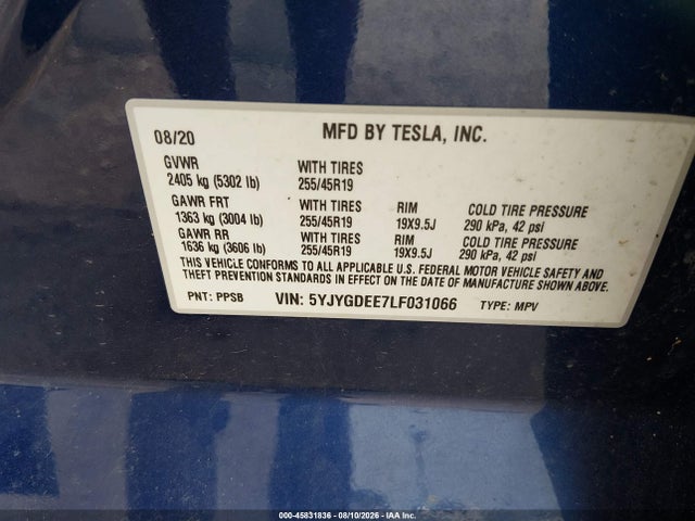 Aukcja sprzedaży 2020 Tesla Model Y Long Range Dual Motor All-wheel Drive, vin: 5YJYGDEE7LF031066, numer aukcji: 45831836