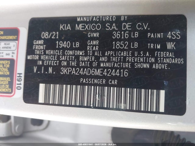 2021 Kia Rio S მანქანა იყიდება აუქციონზე, vin: 3KPA24AD6ME424416, აუქციონის ნომერი: 45831841