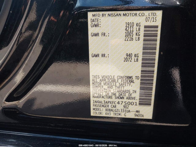 Продажа на аукционе авто 2015 Nissan Altima 2.5 S, vin: 1N4AL3APXFC475001, номер лота: 45831843