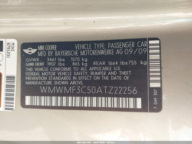 45831867 :رقم المزاد ، WMWMF3C50ATZ22256 vin ، 2010 Mini Cooper مزاد بيع