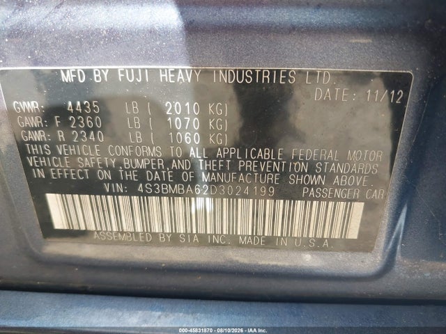 Aukcja sprzedaży 2013 Subaru Legacy 2.5i, vin: 4S3BMBA62D3024199, numer aukcji: 45831870