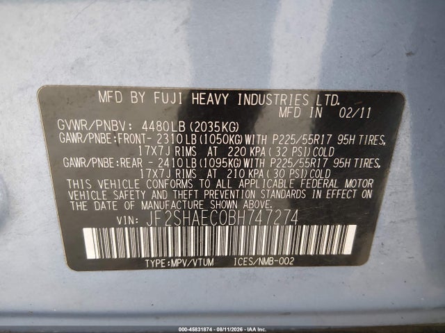 2011 Subaru Forester 2.5x Limited მანქანა იყიდება აუქციონზე, vin: JF2SHAEC0BH747274, აუქციონის ნომერი: 45831874