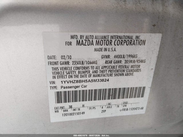 Aukcja sprzedaży 2010 Mazda Mazda6 I Sport, vin: 1YVHZ8BH5A5M33824, numer aukcji: 45831879