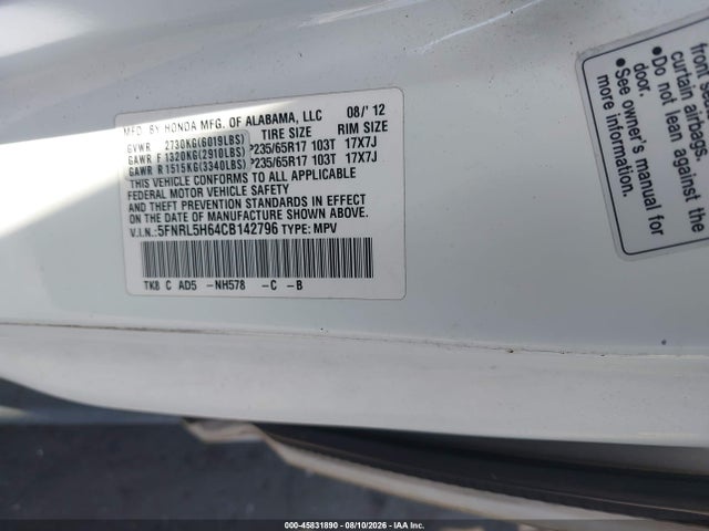 Aukcja sprzedaży 2012 Honda Odyssey Ex-l, vin: 5FNRL5H64CB142796, numer aukcji: 45831890