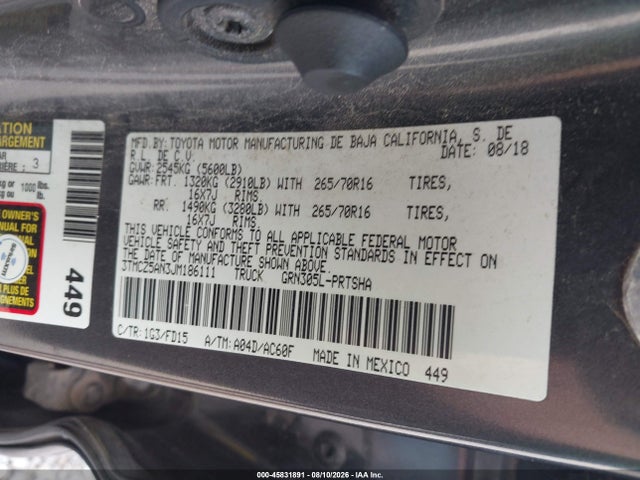 45831891 :رقم المزاد ، 3TMCZ5AN3JM186111 vin ، 2018 Toyota Tacoma Trd Off Road مزاد بيع