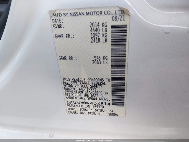 Продаж на аукціоні авто 2021 Nissan Altima Sr Vc-turbo Fwd, vin: 1N4AL4CV6MN403814, номер лоту: 45831894