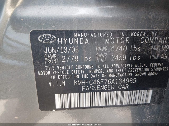 45831895 :رقم المزاد ، KMHFC46F76A134989 vin ، 2006 Hyundai Azera Limited/se مزاد بيع