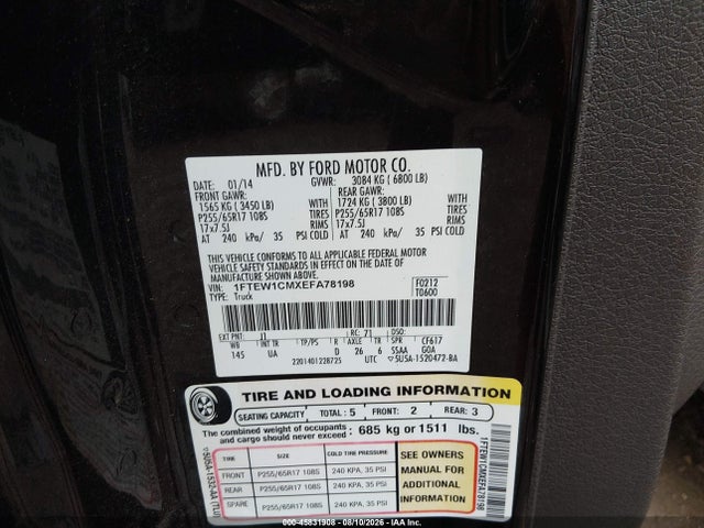 2014 Ford F-150 Xlt მანქანა იყიდება აუქციონზე, vin: 1FTEW1CMXEFA78198, აუქციონის ნომერი: 45831908