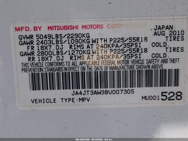 2011 Mitsubishi Outlander Se მანქანა იყიდება აუქციონზე, vin: JA4JT3AW3BU007305, აუქციონის ნომერი: 45831909