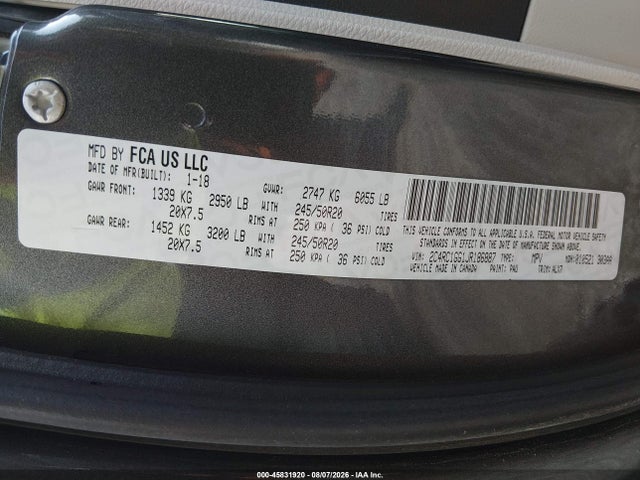 Продажа на аукционе авто 2018 Chrysler Pacifica Limited, vin: 2C4RC1GG1JR186887, номер лота: 45831920