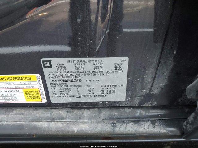 45831921 :رقم المزاد ، 1GNKRFED7HJ203123 vin ، 2017 Chevrolet Traverse Ls مزاد بيع
