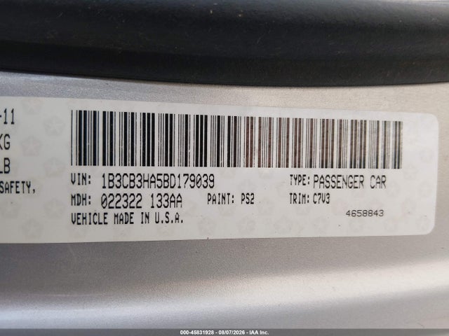 45831928 :رقم المزاد ، 1B3CB3HA5BD179039 vin ، 2011 Dodge Caliber Mainstreet مزاد بيع