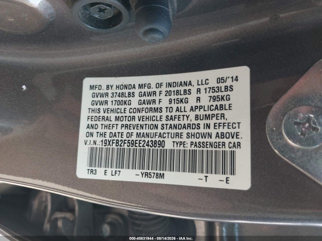 Aukcja sprzedaży 2014 Honda Civic Lx, vin: 19XFB2F59EE243890, numer aukcji: 45831944