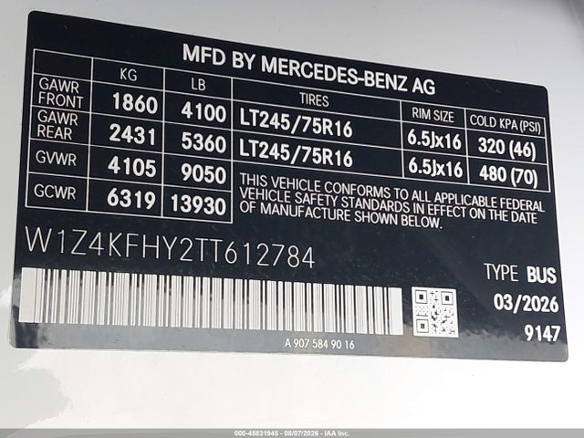 Aukcja sprzedaży 2026 Mercedes-benz Sprinter 2500 Standard Roof 4-cyl Diesel, vin: W1Z4KFHY2TT612784, numer aukcji: 45831945
