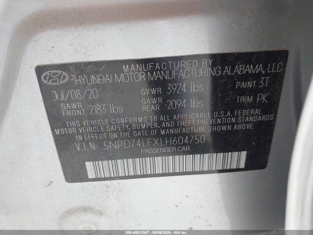 45831947 :رقم المزاد ، 5NPD74LFXLH604750 vin ، 2020 Hyundai Elantra Se مزاد بيع