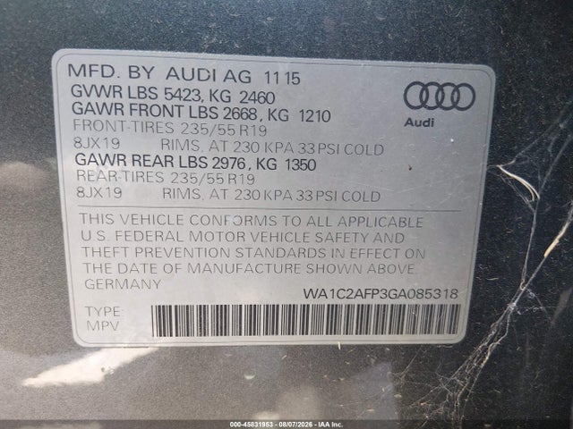 Aukcja sprzedaży 2016 Audi Q5 2.0t Premium, vin: WA1C2AFP3GA085318, numer aukcji: 45831953
