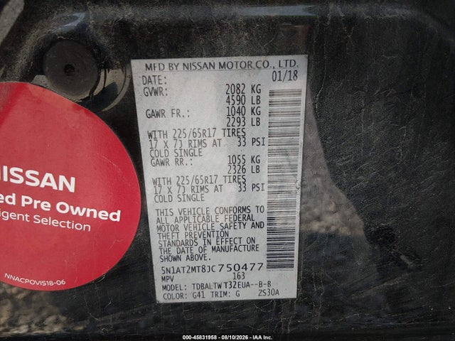 Продаж на аукціоні авто 2018 Nissan Rogue Sv, vin: 5N1AT2MT8JC750477, номер лоту: 45831958
