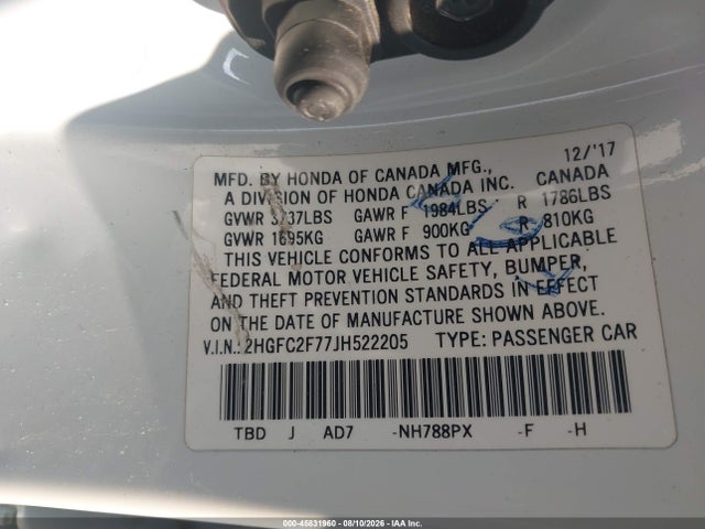 Aukcja sprzedaży 2018 Honda Civic Ex, vin: 2HGFC2F77JH522205, numer aukcji: 45831960