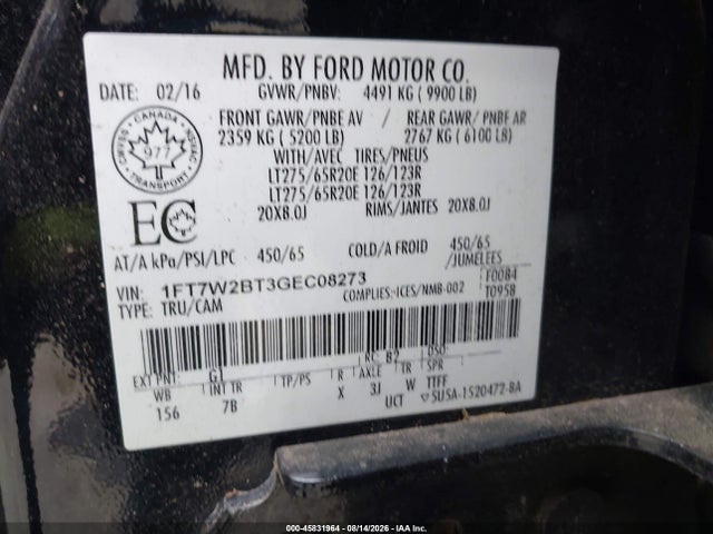 Продаж на аукціоні авто 2016 Ford F-250 Lariat, vin: 1FT7W2BT3GEC08273, номер лоту: 45831964