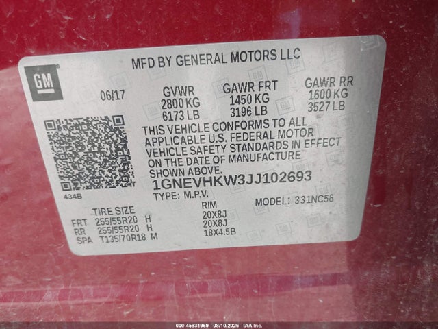 45831969 :رقم المزاد ، 1GNEVHKW3JJ102693 vin ، 2018 Chevrolet Traverse Lt Leather مزاد بيع