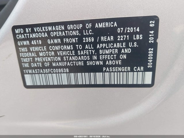 Продажа на аукционе авто 2015 Volkswagen Passat 1.8t S, vin: 1VWAS7A35FC009538, номер лота: 45831981