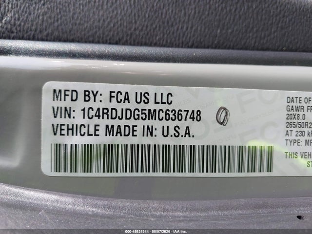 Aukcja sprzedaży 2021 Dodge Durango Gt Plus Awd, vin: 1C4RDJDG5MC636748, numer aukcji: 45831984