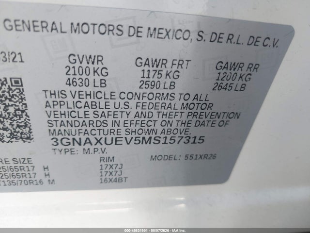 Chevrolet Equinox Awd Lt 2021 3GNAXUEV5MS157315 Image 9