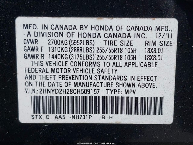 45831995 :رقم المزاد ، 2HNYD2H28CH509157 vin ، 2012 Acura Mdx مزاد بيع