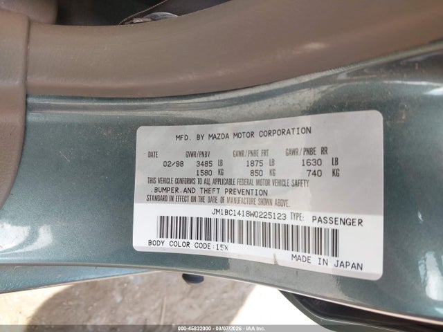 Aukcja sprzedaży 1998 Mazda Protege Dx/lx, vin: JM1BC1418W0225123, numer aukcji: 45832000