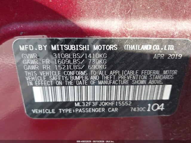 2019 Mitsubishi Mirage G4 Es მანქანა იყიდება აუქციონზე, vin: ML32F3FJ0KHF15552, აუქციონის ნომერი: 45832029