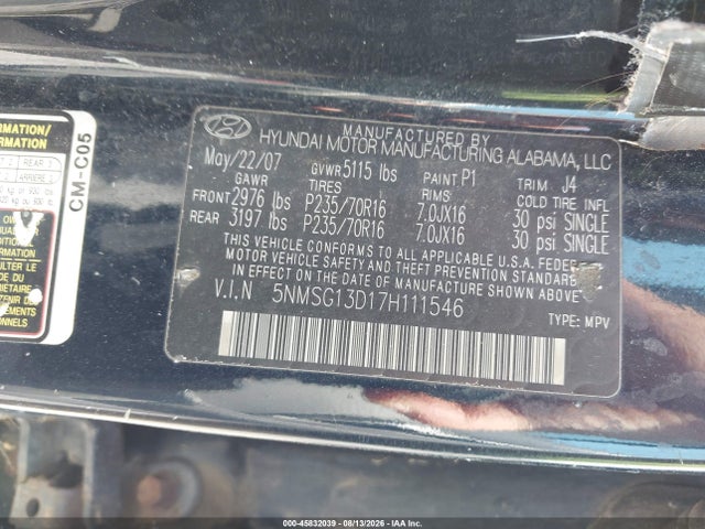 Aukcja sprzedaży 2007 Hyundai Santa Fe Gls, vin: 5NMSG13D17H111546, numer aukcji: 45832039