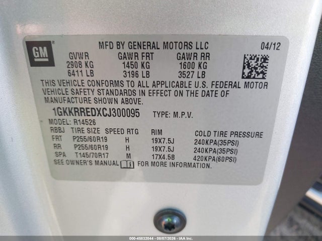Продаж на аукціоні авто 2012 Gmc Acadia Slt-1, vin: 1GKKRREDXCJ300095, номер лоту: 45832044