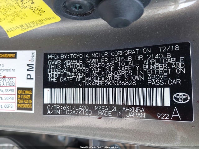Продаж на аукціоні авто 2019 Toyota Corolla Xse, vin: JTNK4RBE2K3036828, номер лоту: 45832048