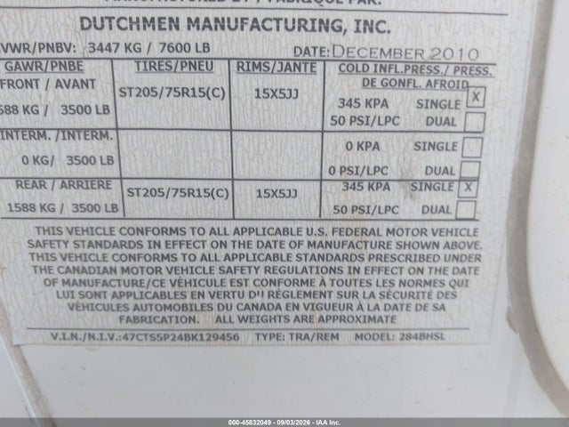 Продажа на аукционе авто 2011 Dutchmen Kodiak 284bhsl Travel Trailer, vin: 47CTS5P24BK129456, номер лота: 45832049