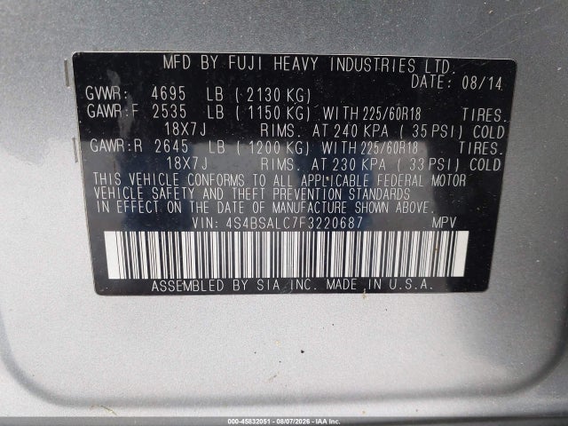 Aukcja sprzedaży 2015 Subaru Outback 2.5i Limited, vin: 4S4BSALC7F3220687, numer aukcji: 45832051