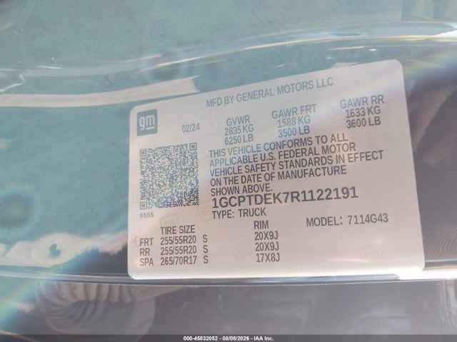 45832052 :رقم المزاد ، 1GCPTDEK7R1122191 vin ، 2024 Chevrolet Colorado 4wd Z71 مزاد بيع
