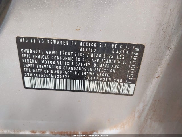 2015 Volkswagen Jetta 2.0l S მანქანა იყიდება აუქციონზე, vin: 3VW2K7AJ4FM220375, აუქციონის ნომერი: 45832066
