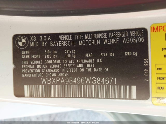 Продажа на аукционе авто 2006 Bmw X3 3.0i, vin: WBXPA93496WG84671, номер лота: 45832075